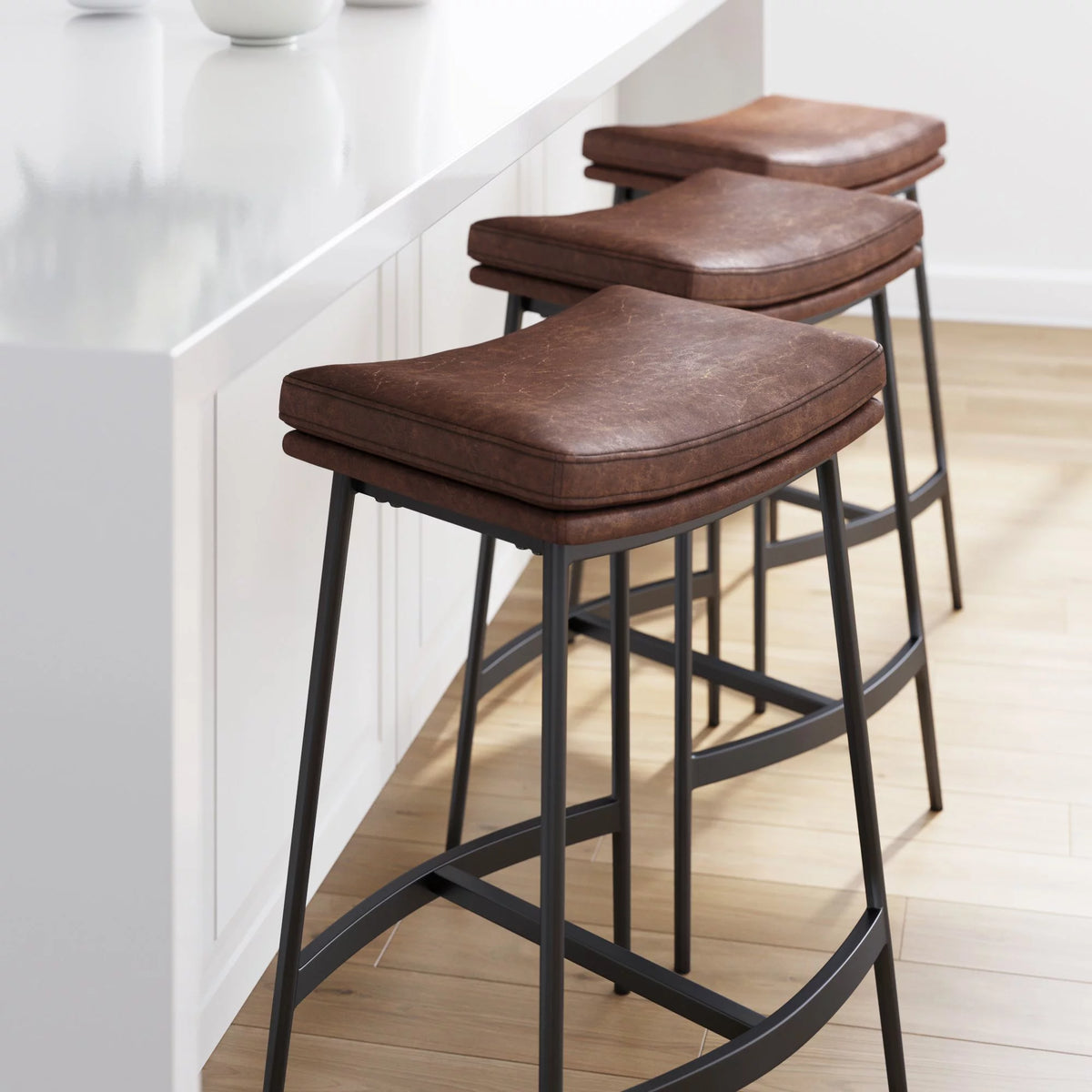 Brown Backless Upholstered Bar Stool with Metal Base O639