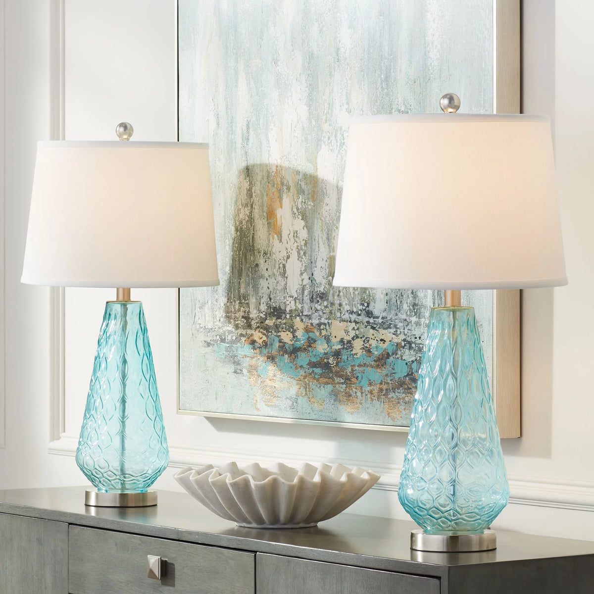 Blue Textured Glass Table Lamps Set of 2 Y4891