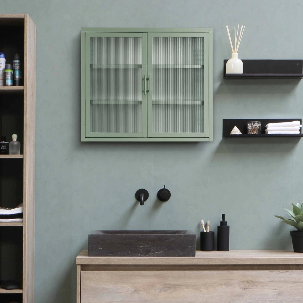 Mint Green Double Glass Door Wall Cabinet with Detachable Shelves D7372