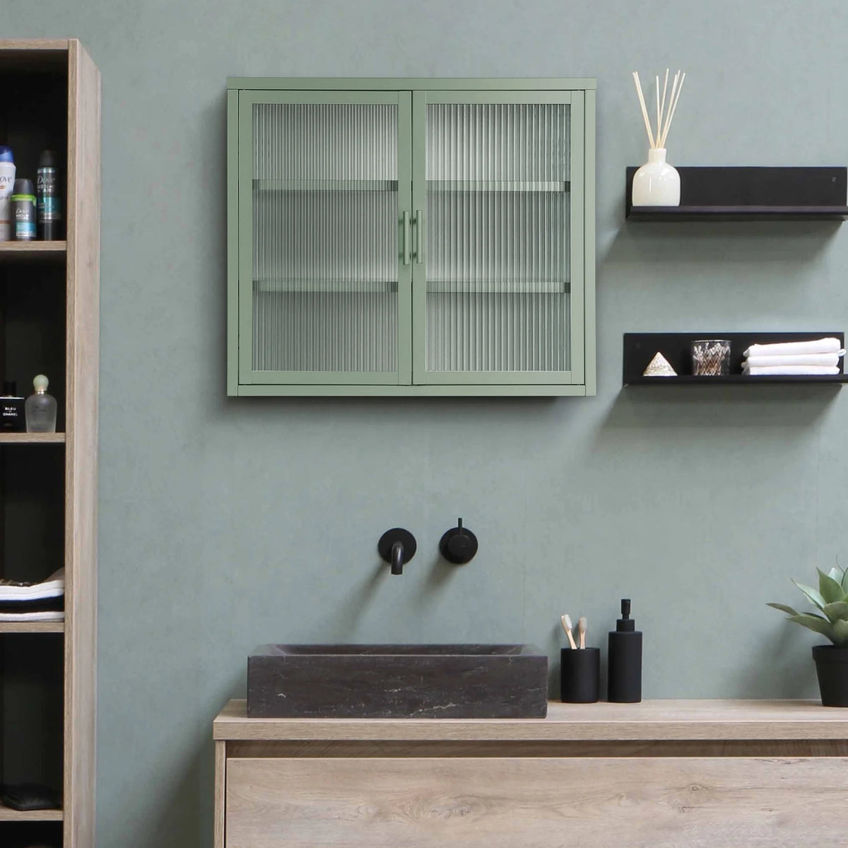Mint Green Double Glass Door Wall Cabinet with Detachable Shelves D7372