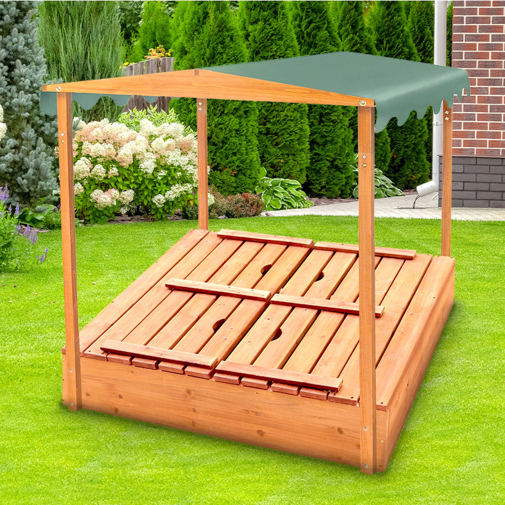 Covered Convertible Cedar Sandbox with Canopy and Two Bench Seats P271731
