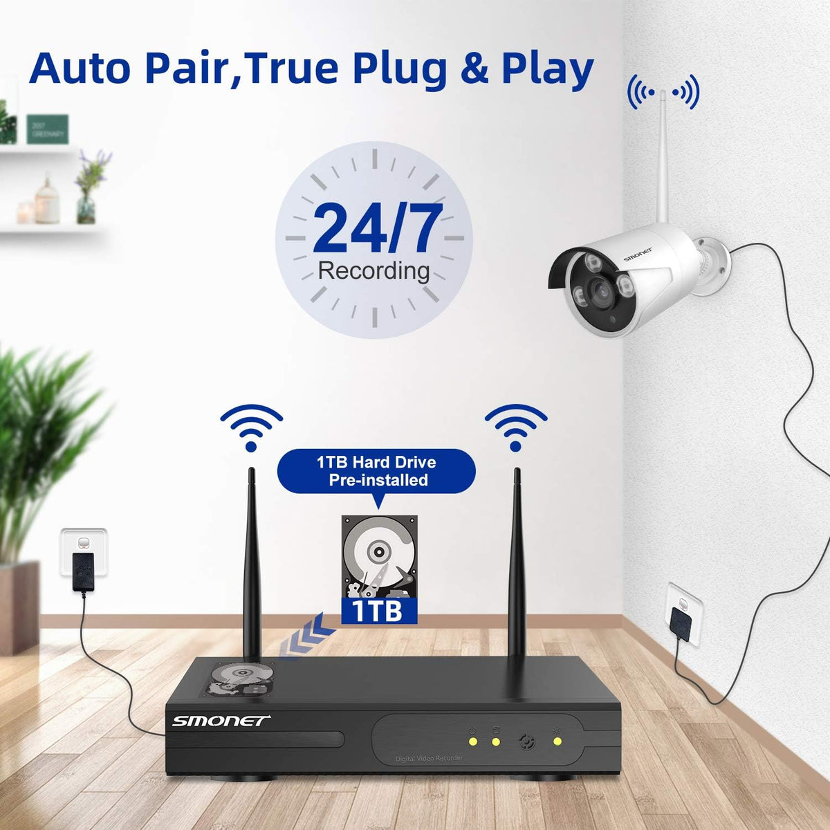Wireless Security Camera System with 12” Monitor 2TB Hard Drive 8 Channel 4pcs 1080P Indoor Outdoor IP Cameras Night Vision W5705