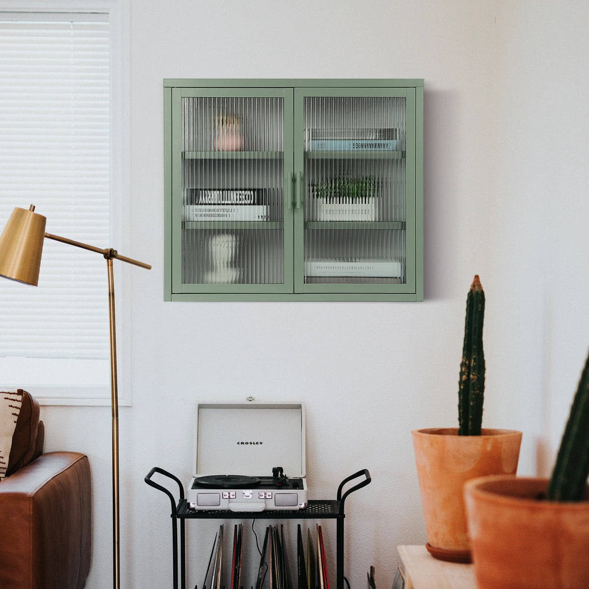 Mint Green Double Glass Door Wall Cabinet with Detachable Shelves D7372