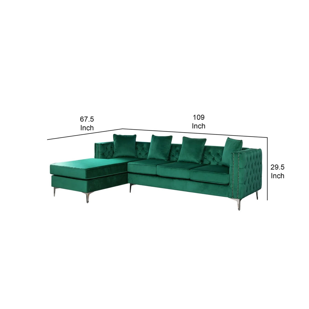68 Inch Green Velvet Chaise Sofa with Nailhead Trim and Tufting Q33838