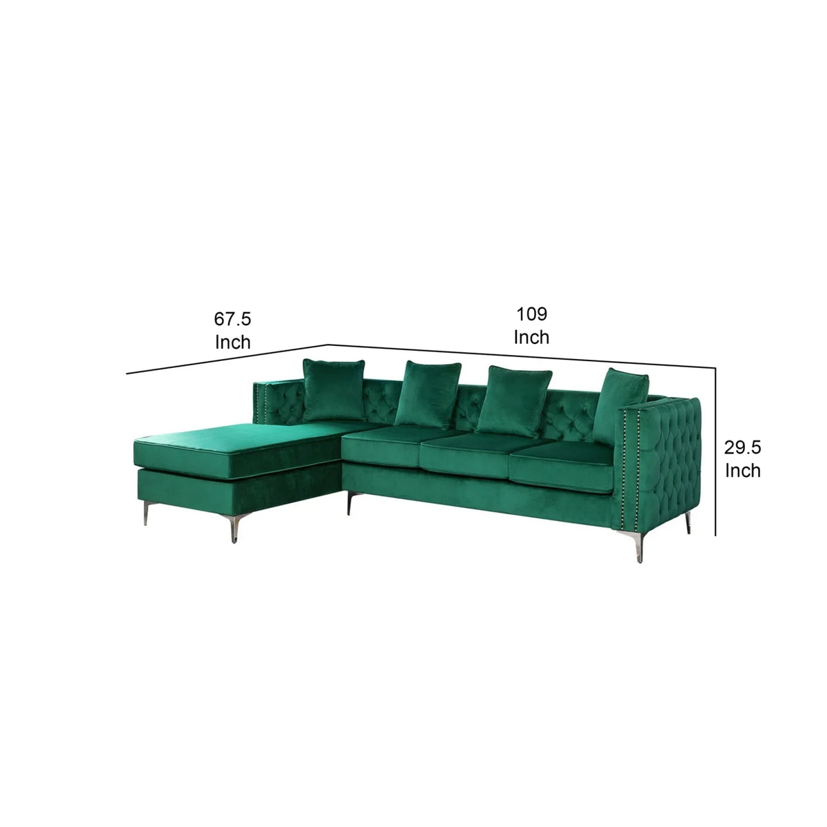 68 Inch Green Velvet Chaise Sofa with Nailhead Trim and Tufting Q33838