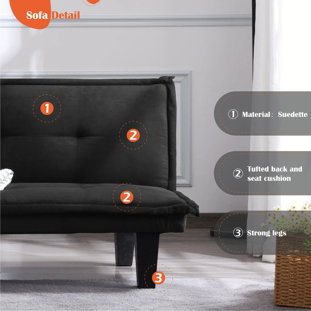 63.8 inch Black Faux Suede Convertible Futon Sofa Bed J933