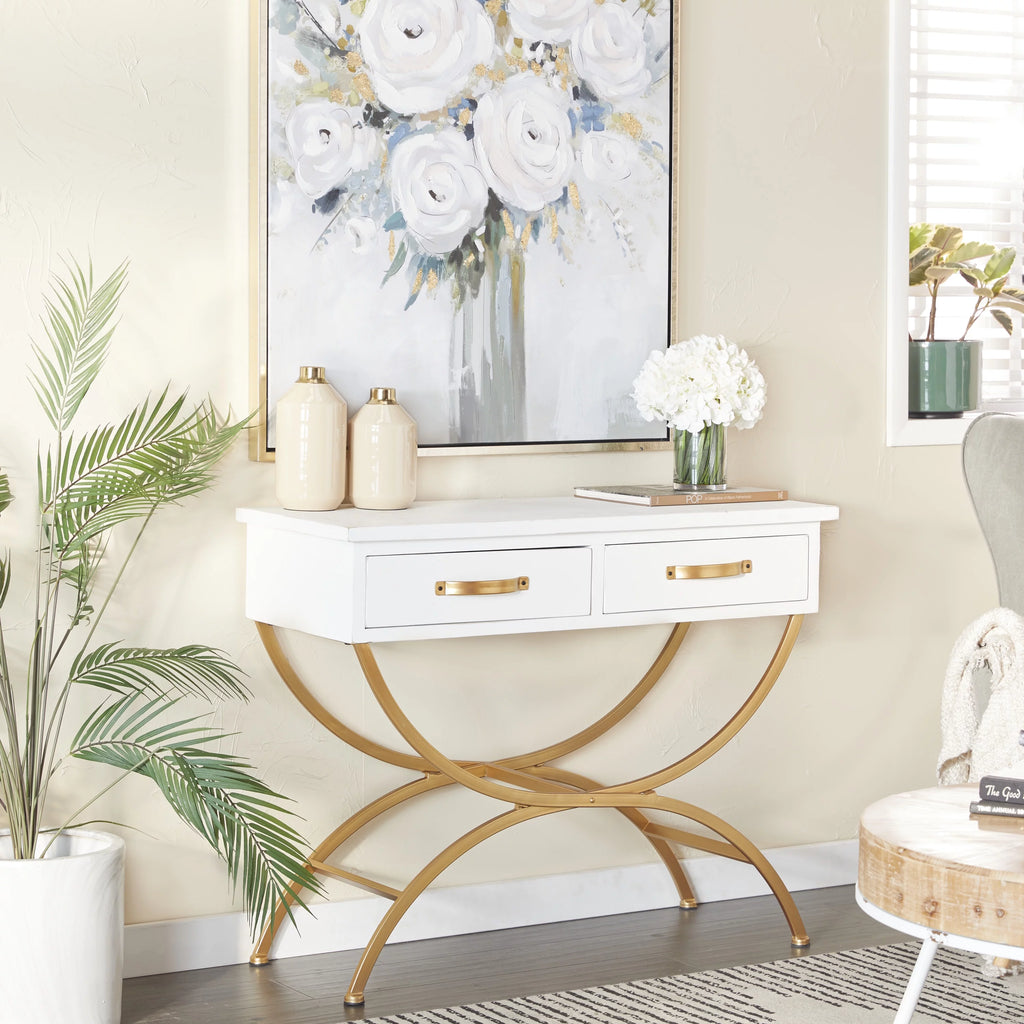 White Wood 2 Drawers Console Table with Arched Base Q501