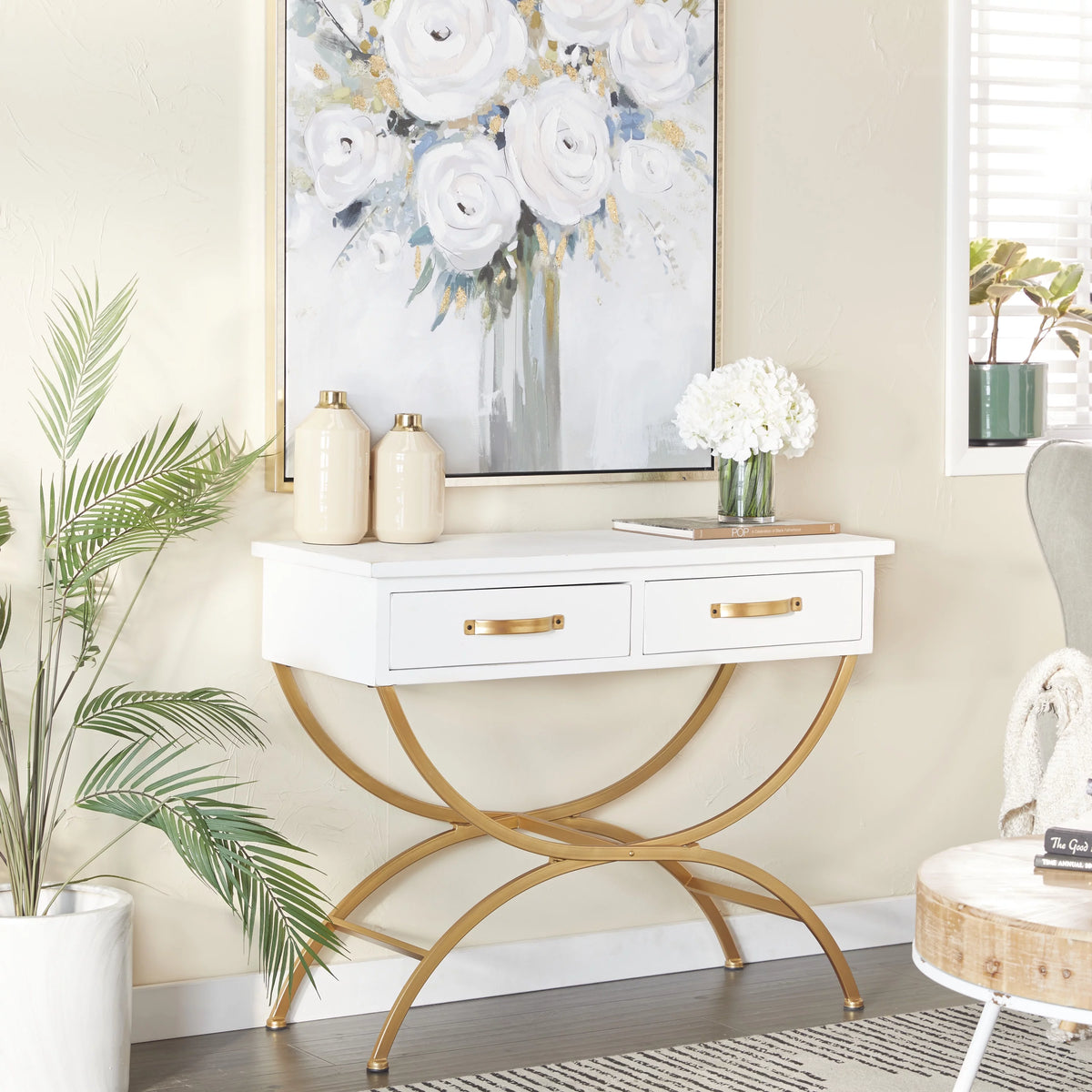 White Wood 2 Drawers Console Table with Arched Base Q501