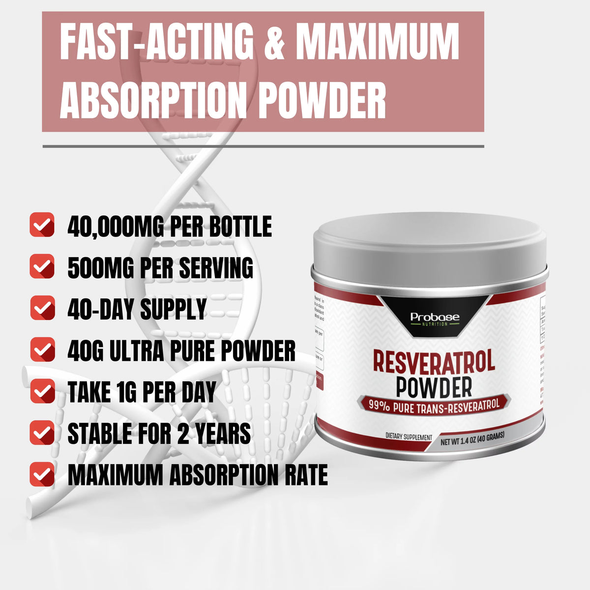 Micronized Trans-Resveratrol Powder 1000mg 40g C2666
