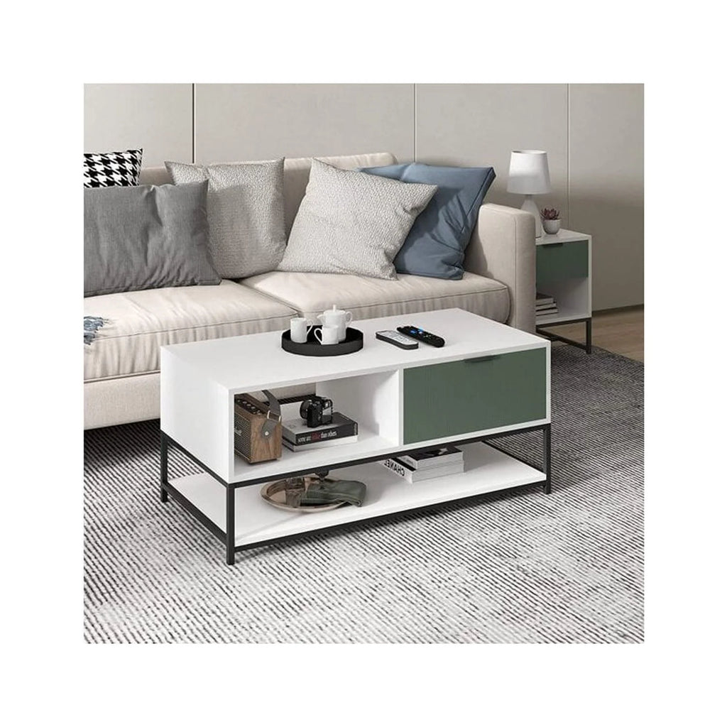 Vintage Wood Coffee Table with Shelves and Drawer J64508