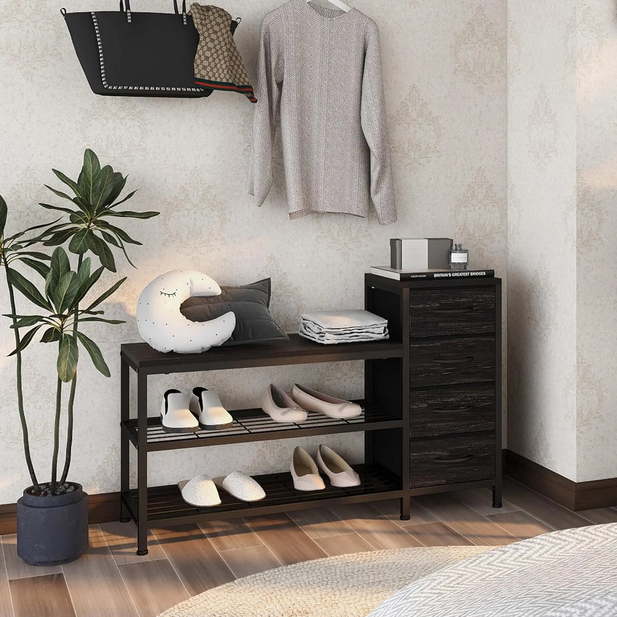 3 Tier Shoe Storage Bench with 4 Fabric Drawers O220649