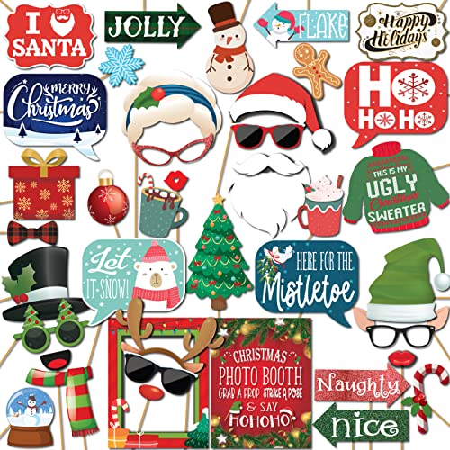 Christmas Photo Booth Props 41-pc Kit with Sign, Adhesive Pads, Sticks L22621
