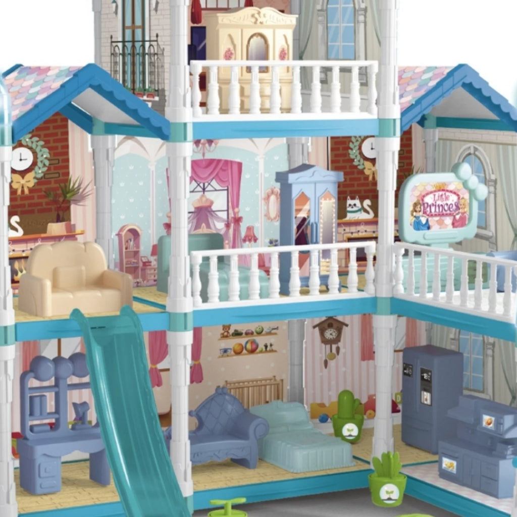 8 Room Dollhouse Play Set with Slide Doll and Furniture Accessories, 191 Pcs D864