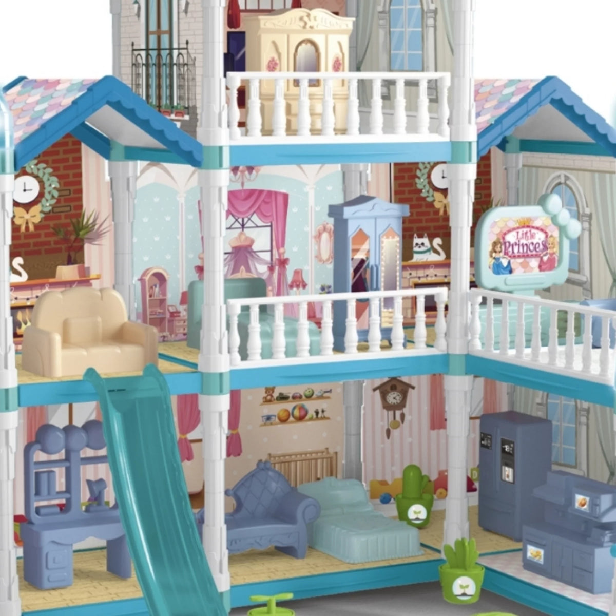 8 Room Dollhouse Play Set with Slide Doll and Furniture Accessories, 191 Pcs D864