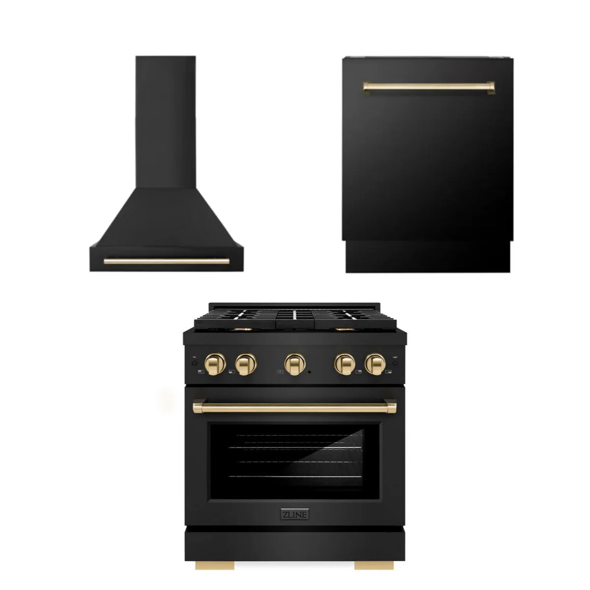 30 In. Gas Range, Range Hood, Dishwasher in Black Stainless Steel B847