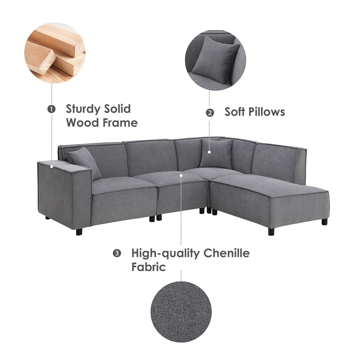 97\*74" Chenille Fabric L-shaped Sectional Sofa with Chaise Lounge J205