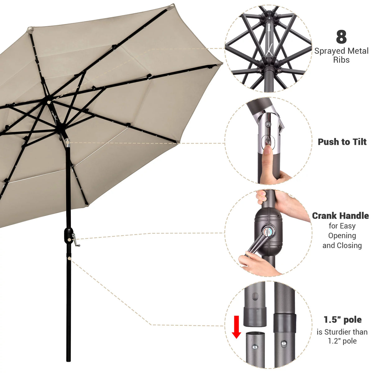 10 Ft 3 Tier Solar LED Patio Umbrella R1901