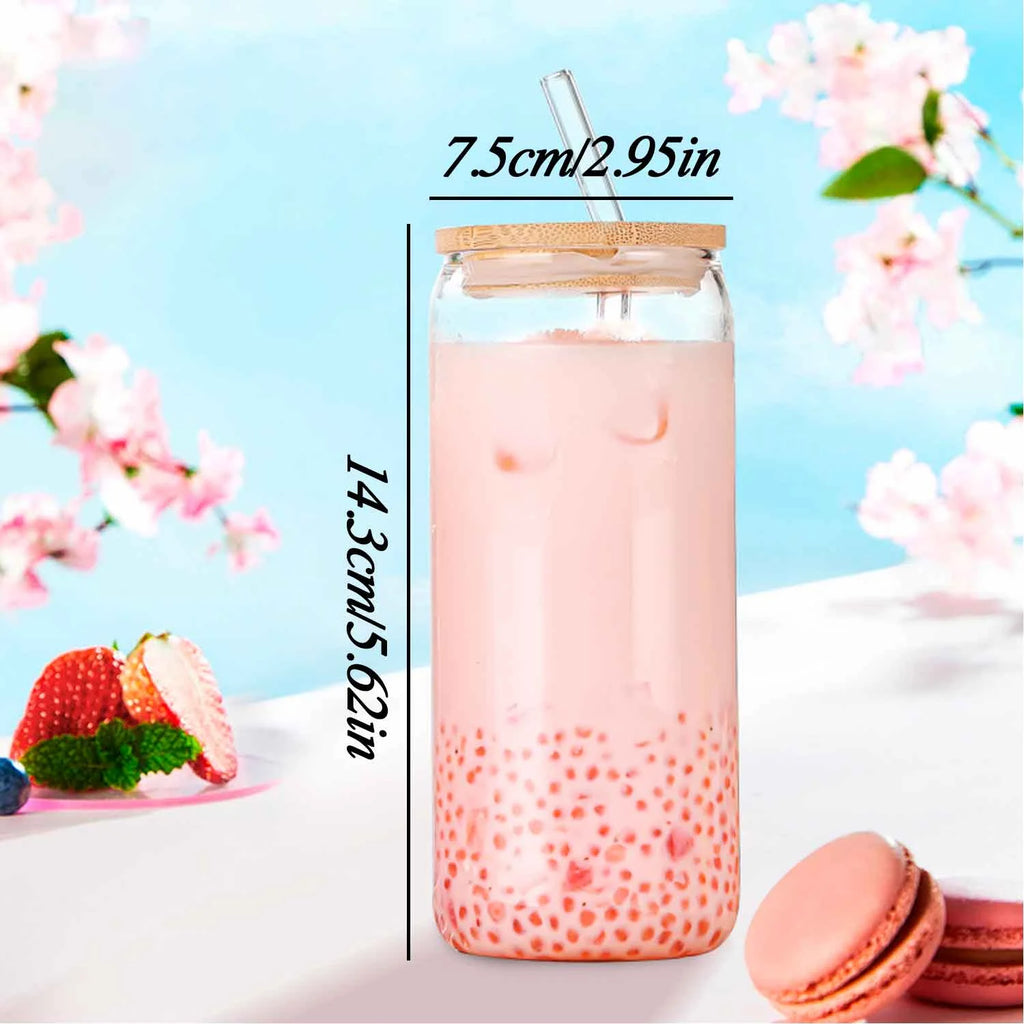 Can Shaped Glass Cups with Bamboo Lids and Glass Straw 6pcs P56865
