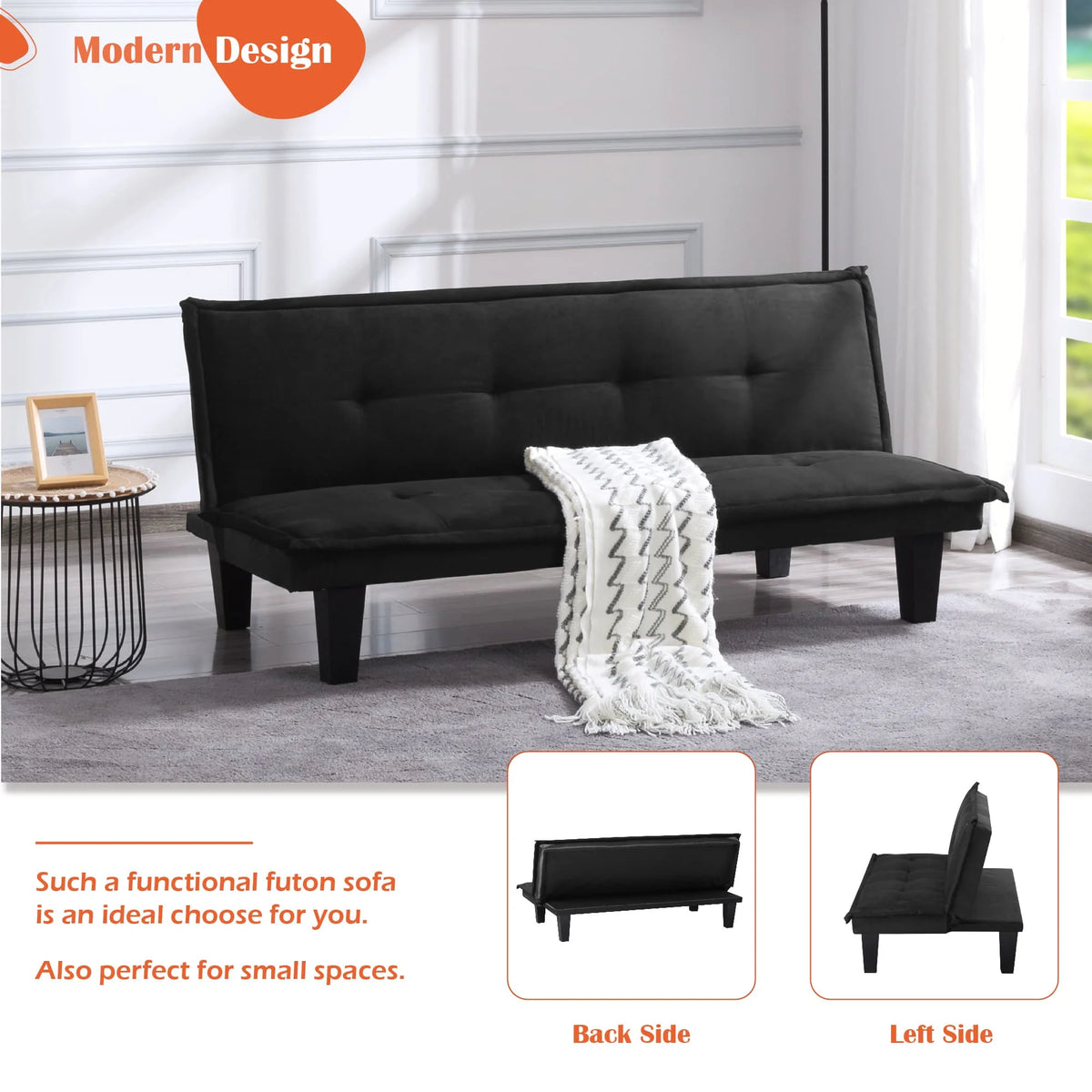 63.8 inch Black Faux Suede Convertible Futon Sofa Bed J933