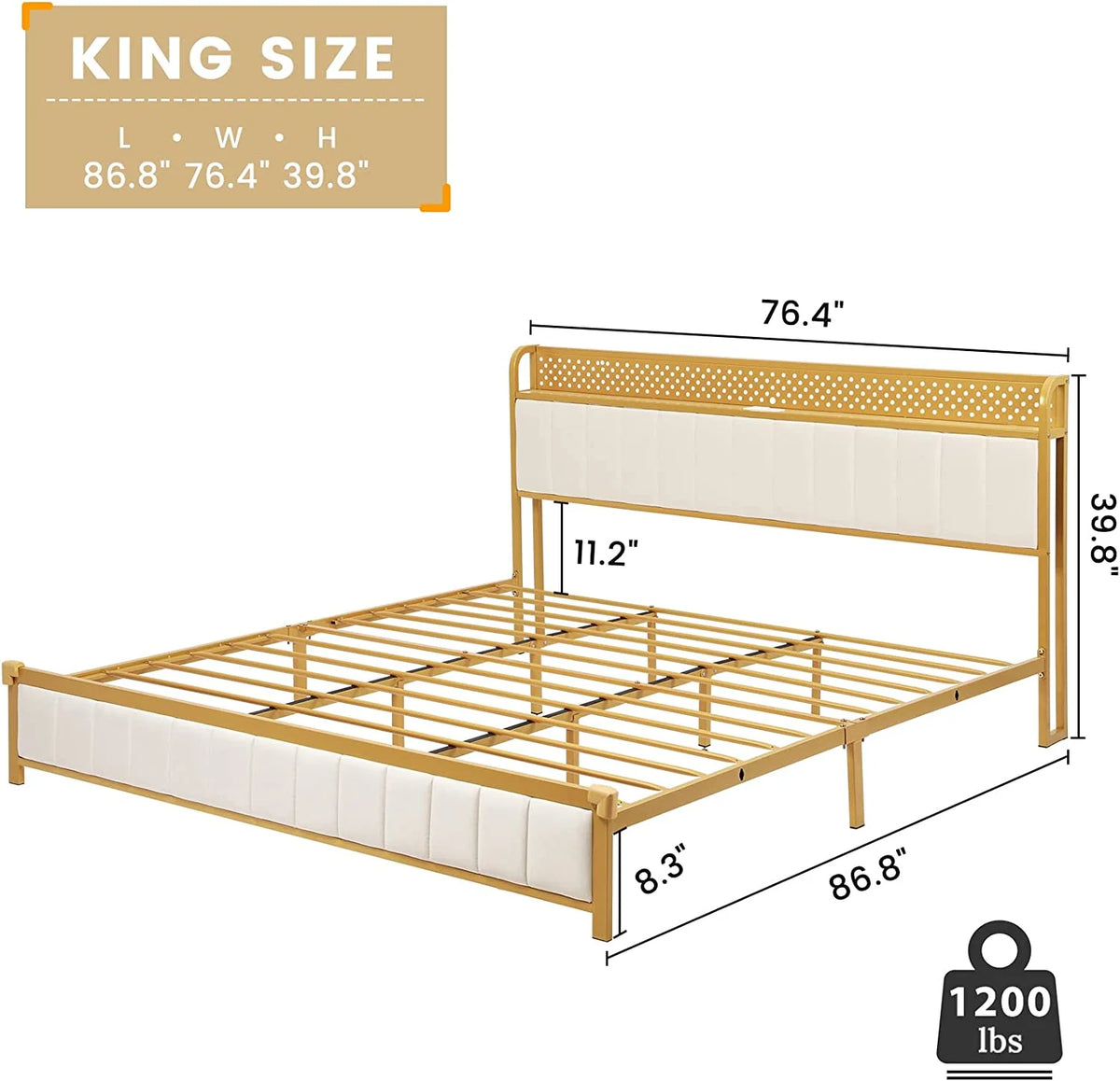 King Size White Upholstered Bed Frame with Charging Station U7553
