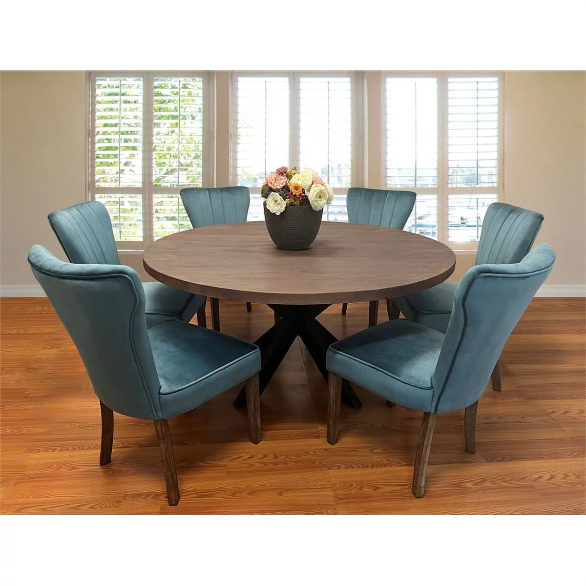 Dining Table Set with Solid Wood Round Table and 6 Chairs in Teal C375