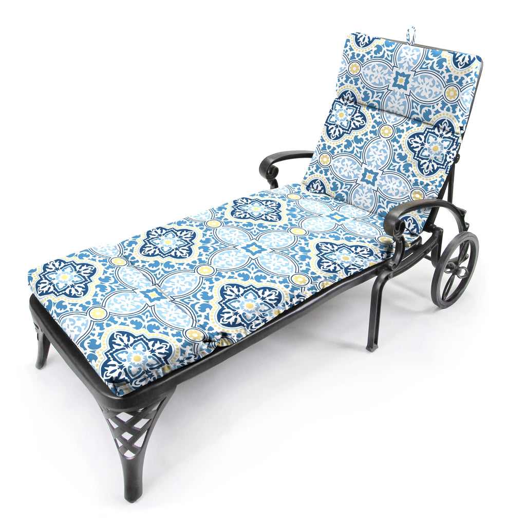 Sky Blue Quatrefoil Rectangular Outdoor Chaise Lounge Cushion with Ties F601