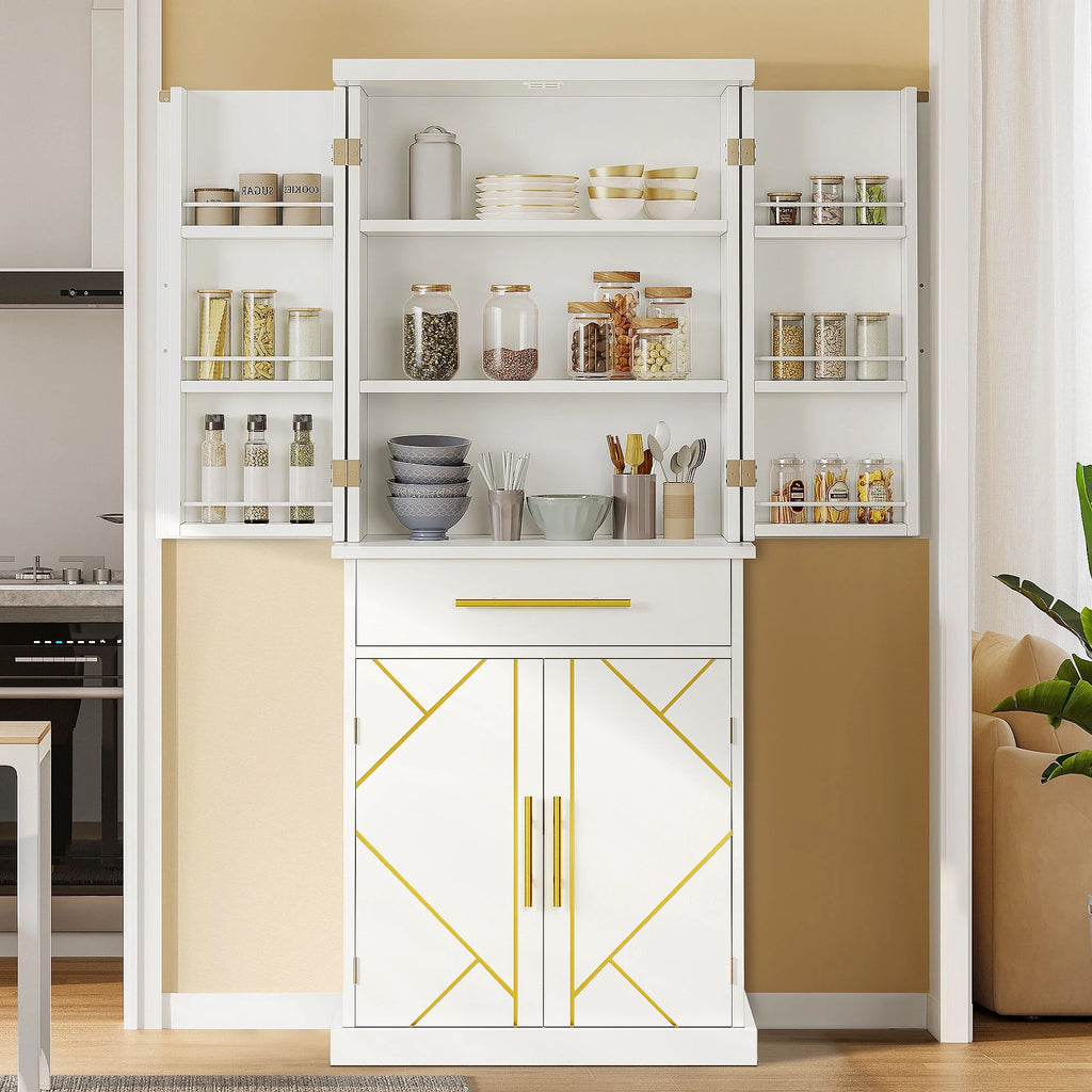 White 4 Door Freestanding Kitchen Pantry Storage Cabinet with Drawer and Adjustable Shelf C721231