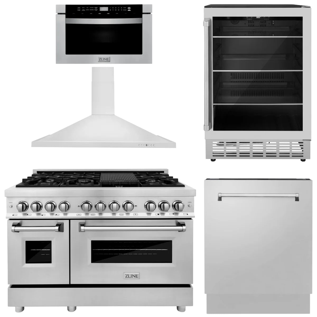 48 Dual Fuel Range, Range Hood, Microwave Drawer, Dishwasher and Beverage Fridge E753774