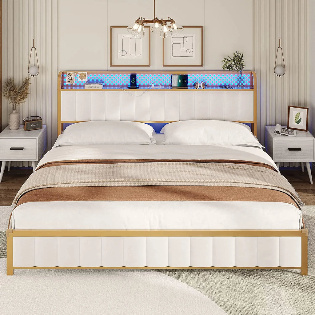 King Size White Upholstered Bed Frame with Charging Station U7553