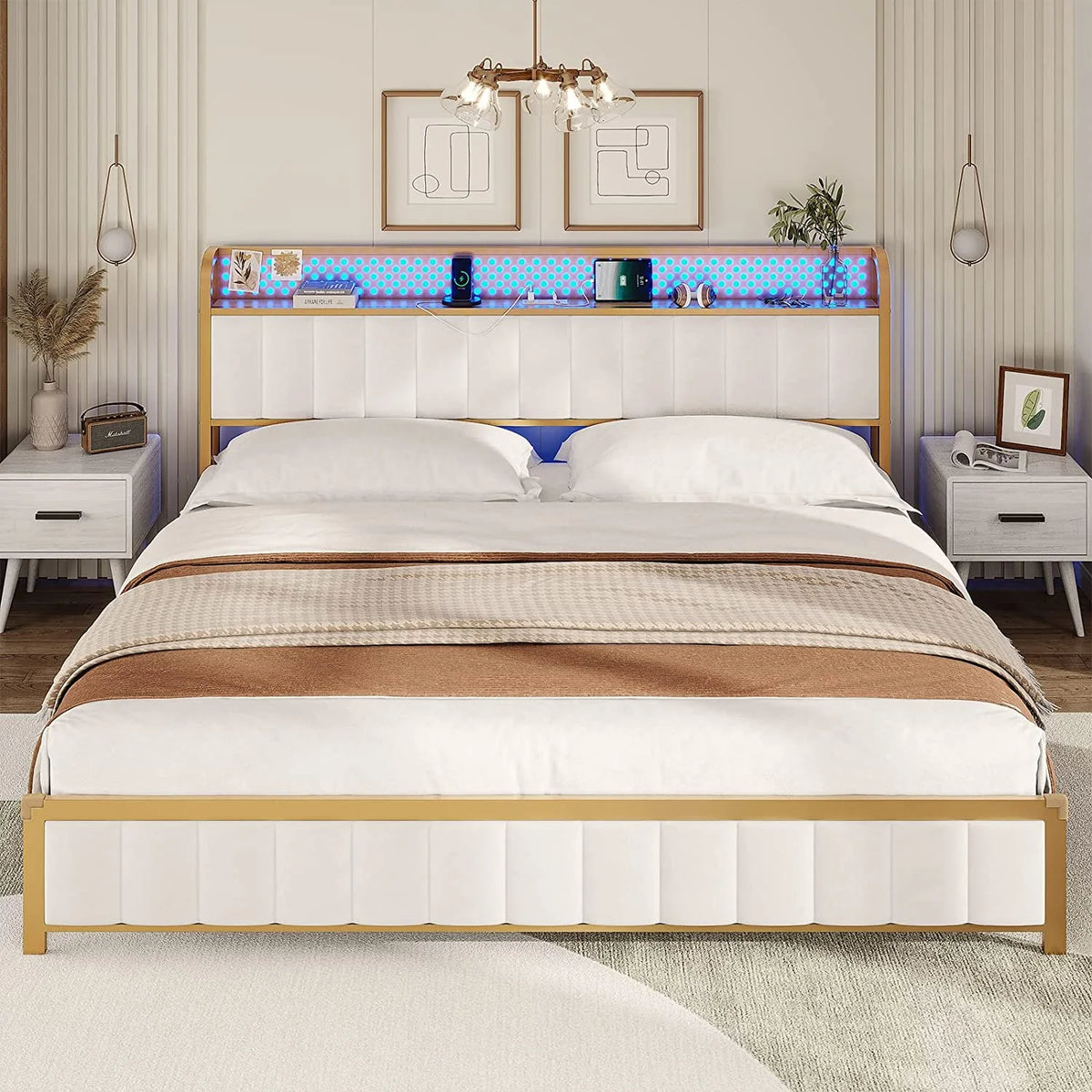 King Size White Upholstered Bed Frame with Charging Station U7553