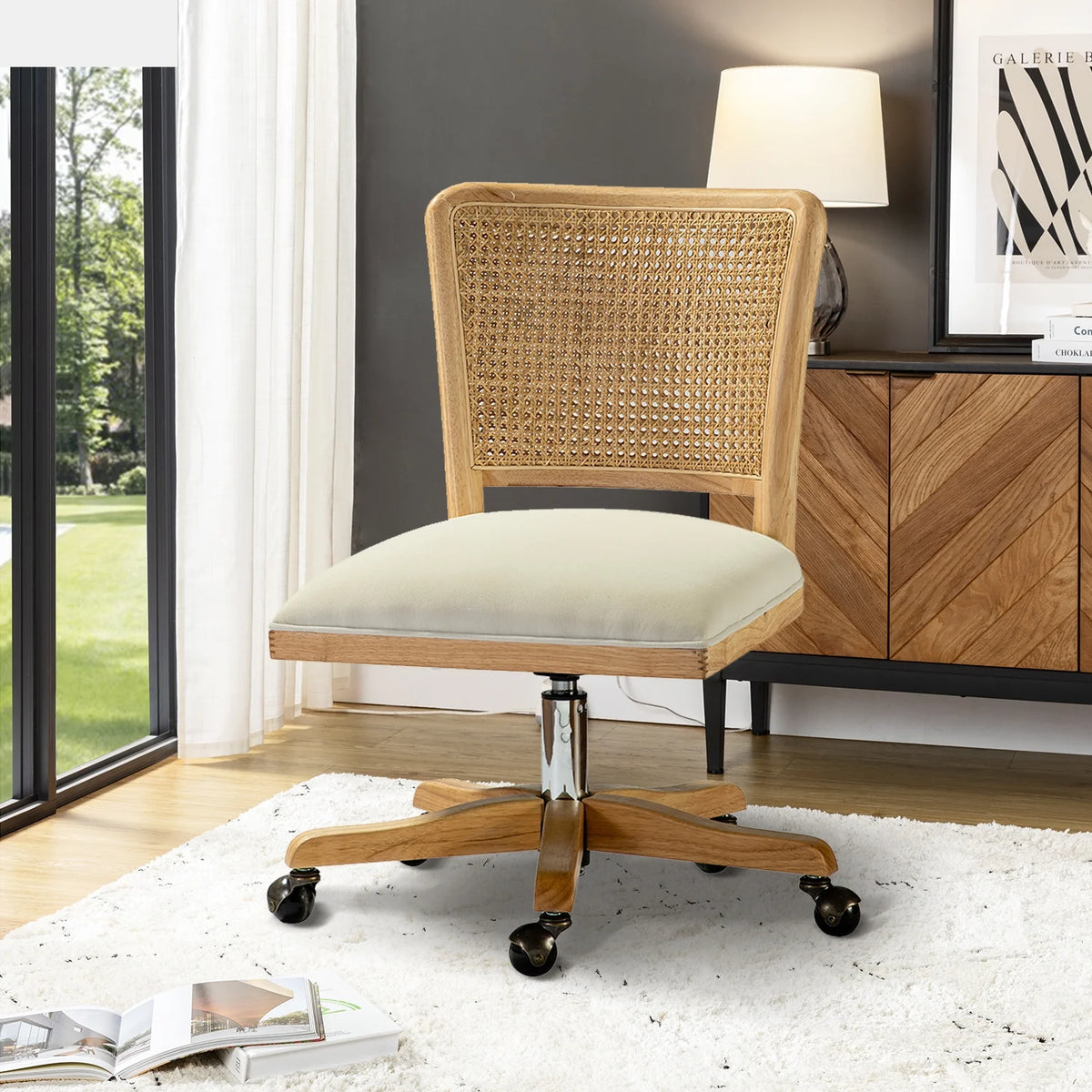 Beige Swivel Adjustable Rattan Back Task Chair Y789