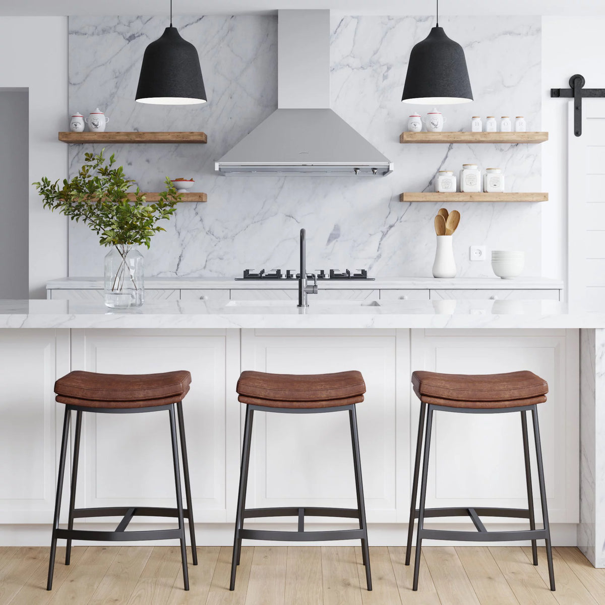 Brown Backless Upholstered Bar Stool with Metal Base O639