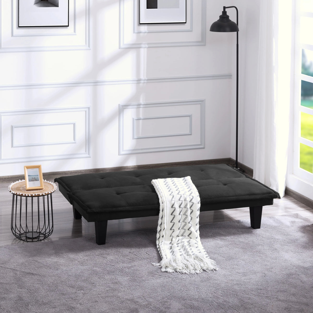 63.8 inch Black Faux Suede Convertible Futon Sofa Bed J933