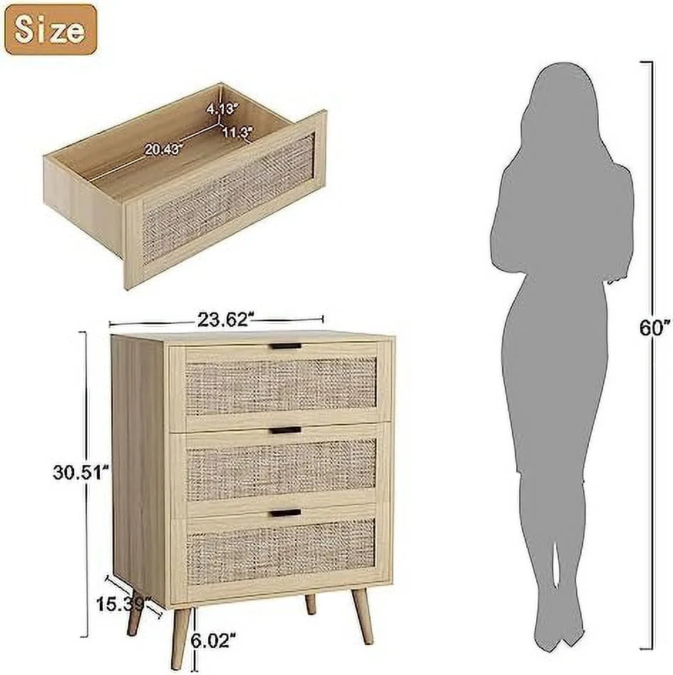 3 Drawer Rattan Dresser with Solid Wood Legs I433396