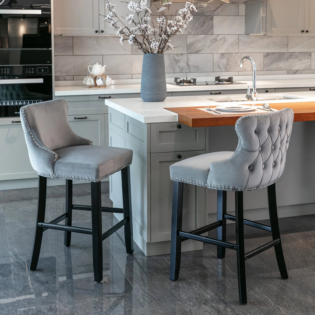 Velvet Wing-Back Upholstered Bar Stools Set of 2 with Solid Wood Legs U83451