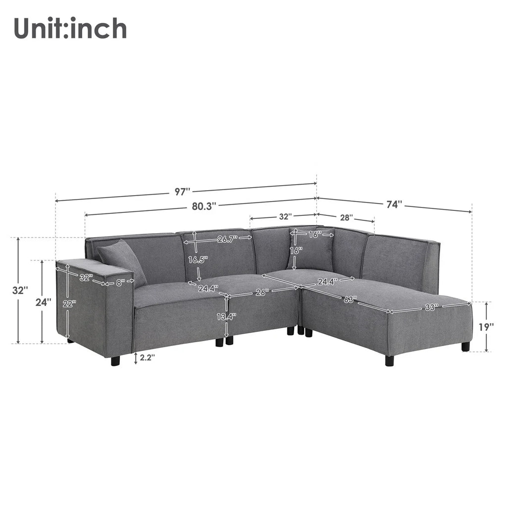 97\*74" Chenille Fabric L-shaped Sectional Sofa with Chaise Lounge J205