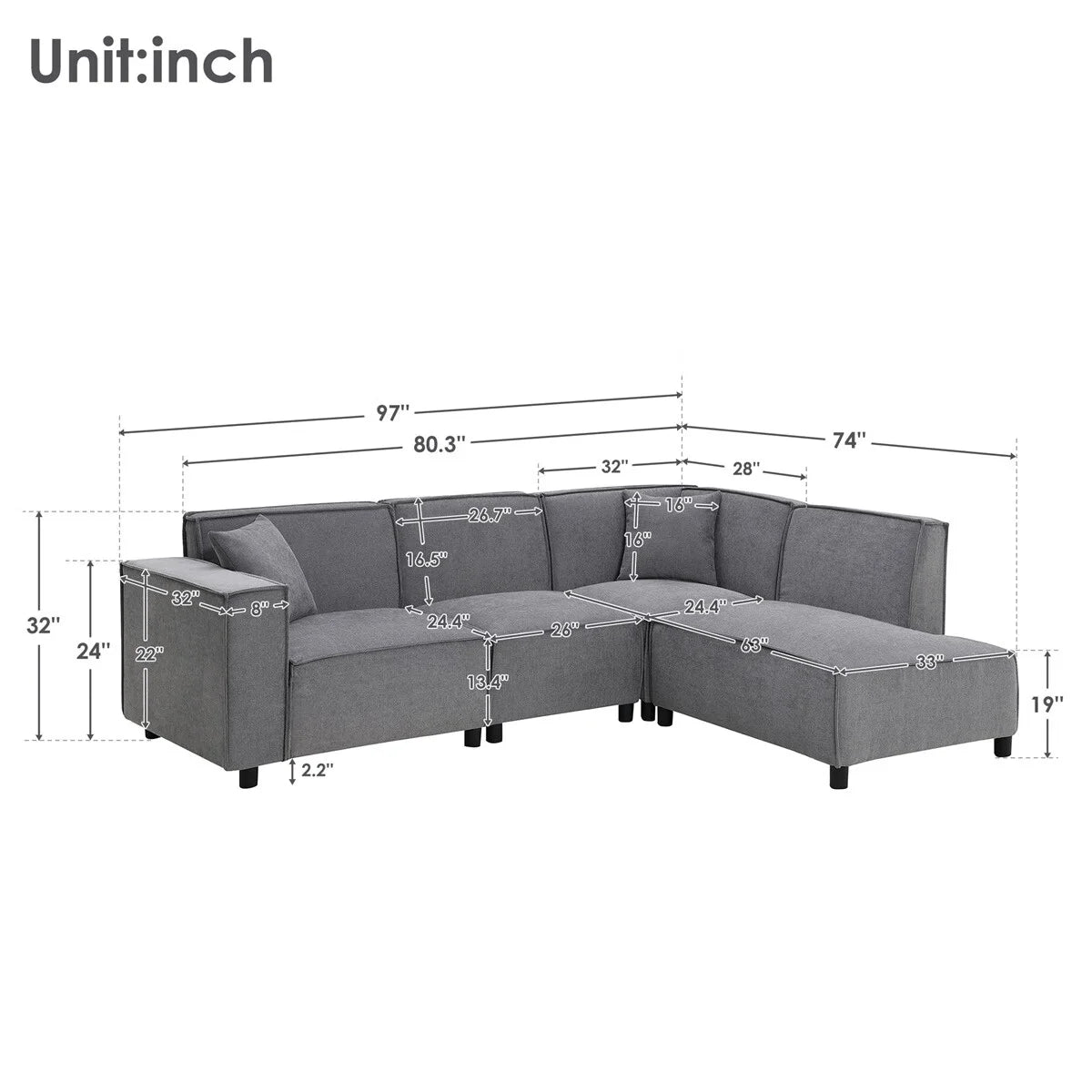 97\*74" Chenille Fabric L-shaped Sectional Sofa with Chaise Lounge J205