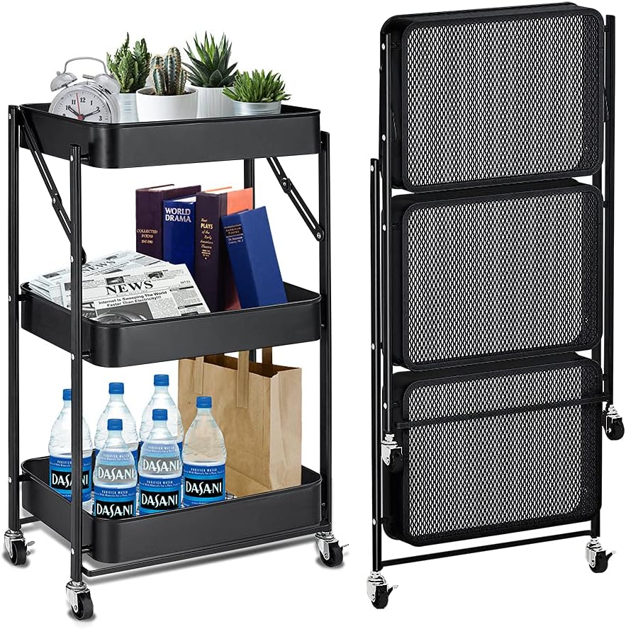 4 Tier Folding Metal Storage Shelves with Rolling Brake Wheels A871