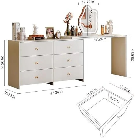 Modern Corner Vanity Table with LED Mirror and 6 Drawers T6010