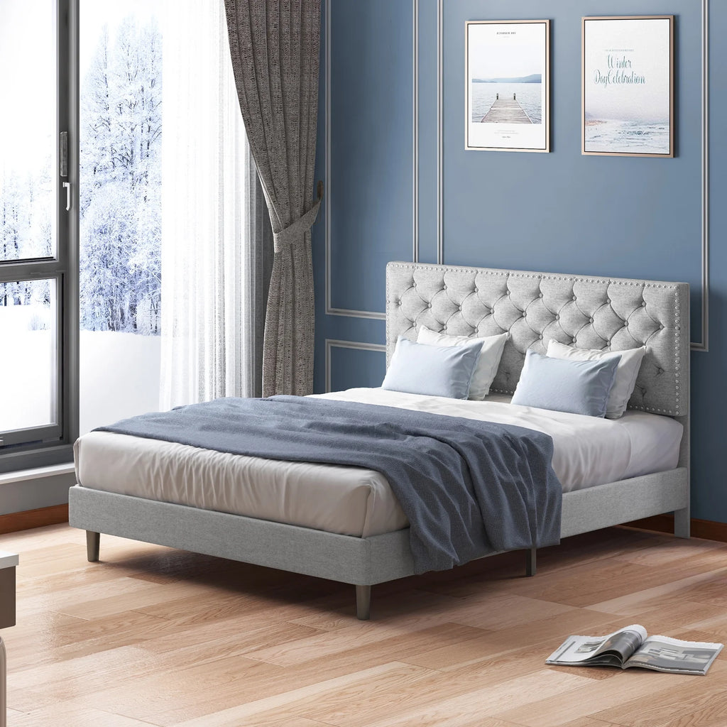 King Upholstered Platform Bed Frame with Adjustable Headboard Q5678