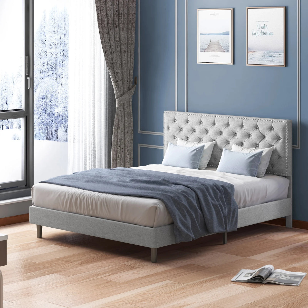 King Upholstered Platform Bed Frame with Adjustable Headboard Q5678