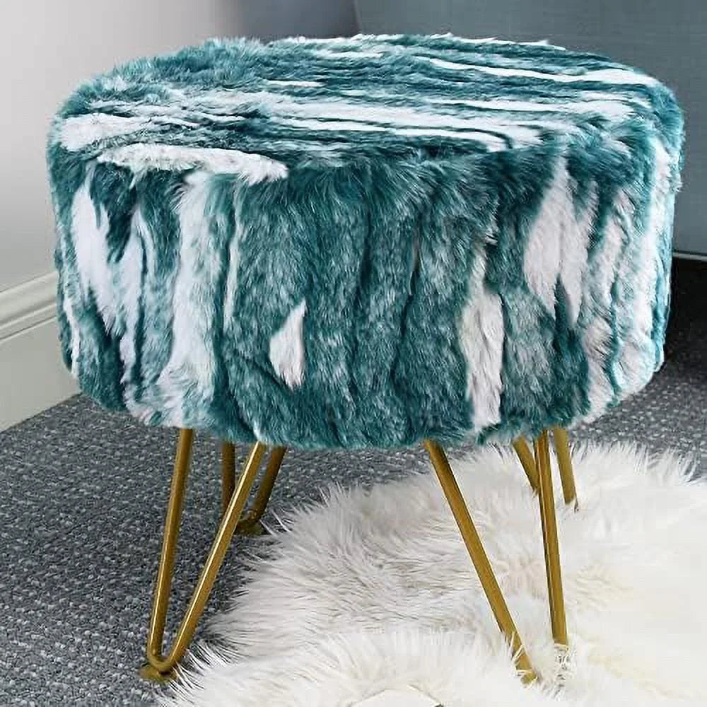 Blue Faux Fur Round Ottoman 18"x18"x18" G426