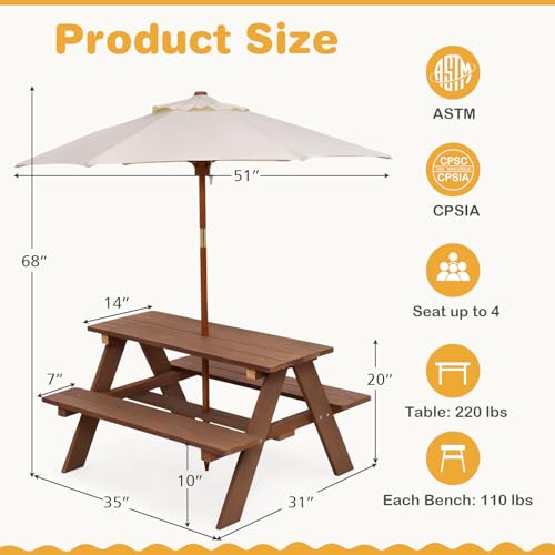Kids Wooden Picnic Table with Umbrella F7474