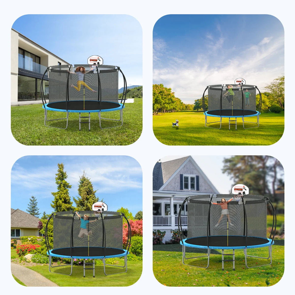 12 ft Trampoline with Enclosure and Basketball Hoop E5418
