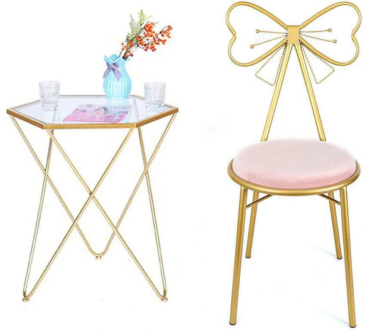 Light Pink Velvet Vanity Chair with Metal Frame C120