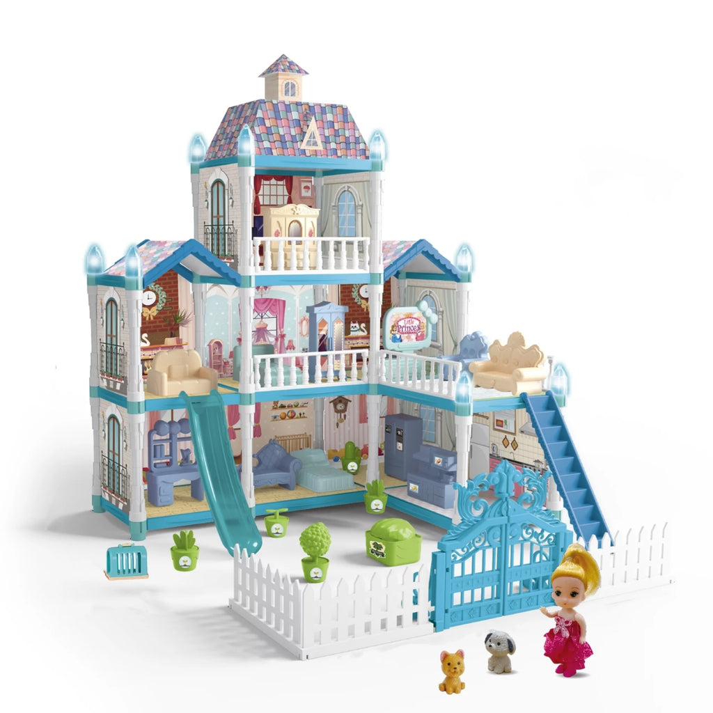 8 Room Dollhouse Play Set with Slide Doll and Furniture Accessories, 191 Pcs D864