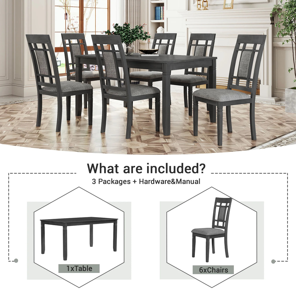 7 Pcs Dining Table and Chair Set with 6 Upholstered Chairs P695523