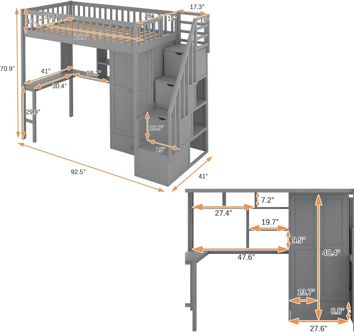 Wood Loft Bed With Desk Storage Wardrobe Stairs Shelves G98388