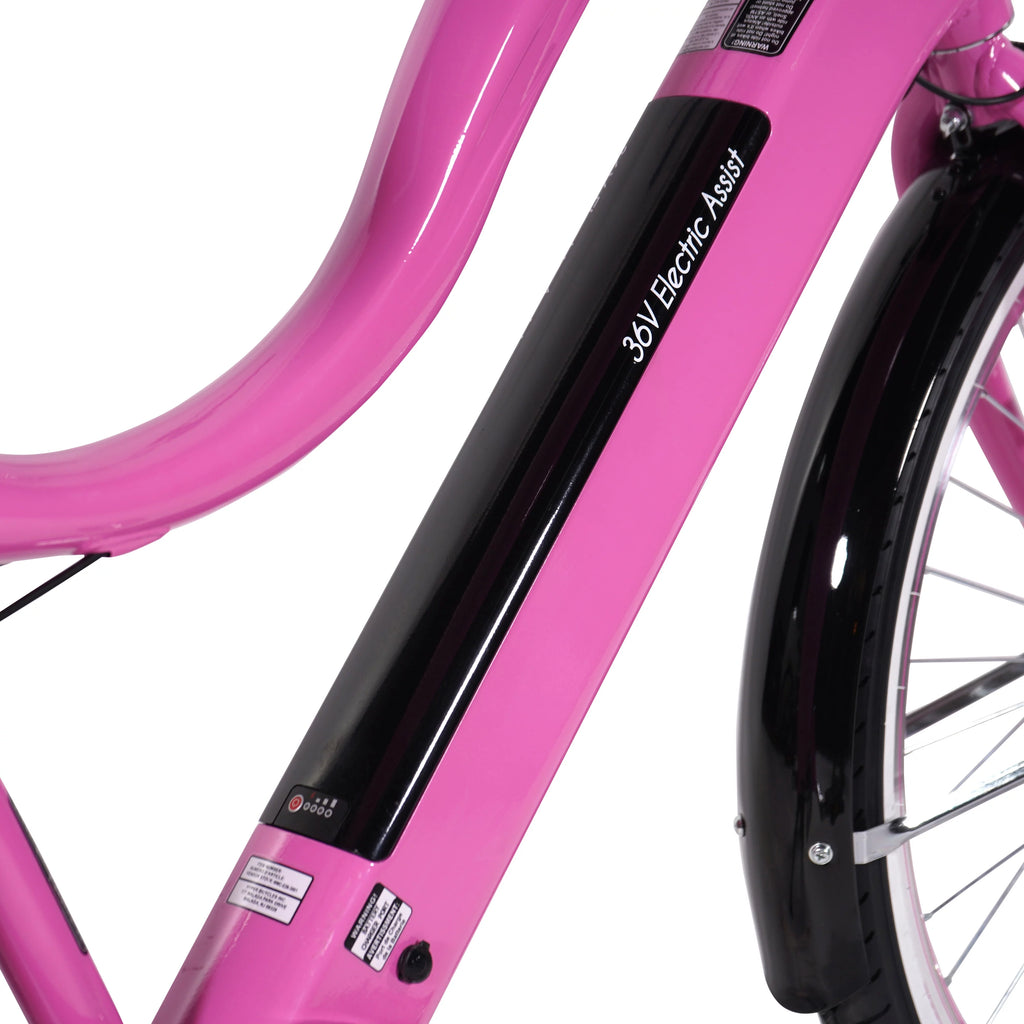 36V Electric Cruiser E-Bike with Pedal-Assist, 250W Motor, Pink T95514