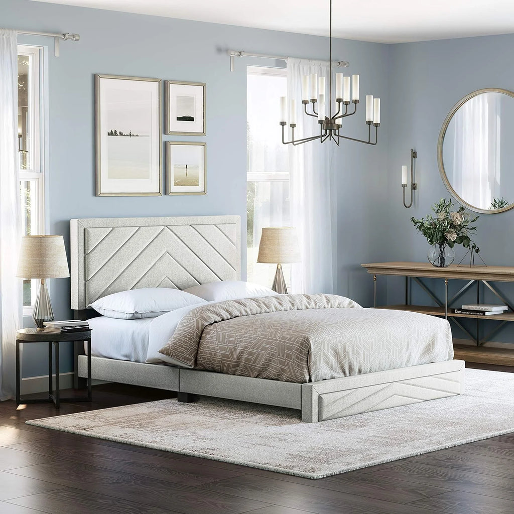 White Upholstered Platform Bed With Headboard And Wood Slat Supports King R60515